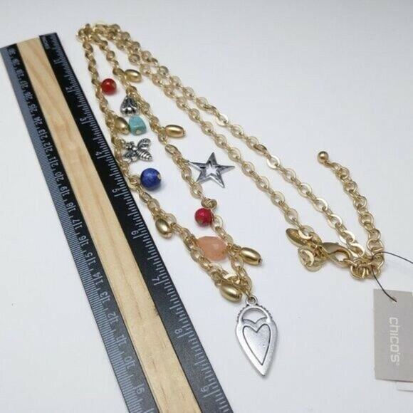 Chico's Gold Tone Charm Necklace, Bee Heart Star Beads, 39 Inches, New With Tags - Picture 3 of 10